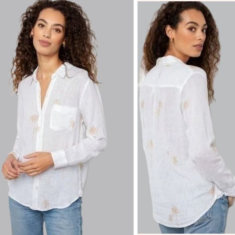 Rails Charli Rose Gold Palm Trees Linen Blend White Long Sleeve Shirt SZ XS NWT